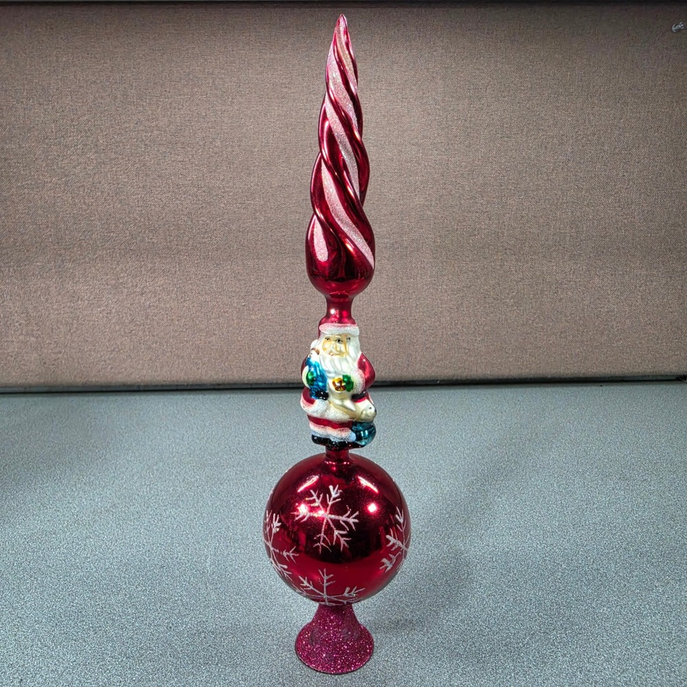 Vintage Glass Tree Topper Christmas Red Santa Snowflake Finial 15in Excellent